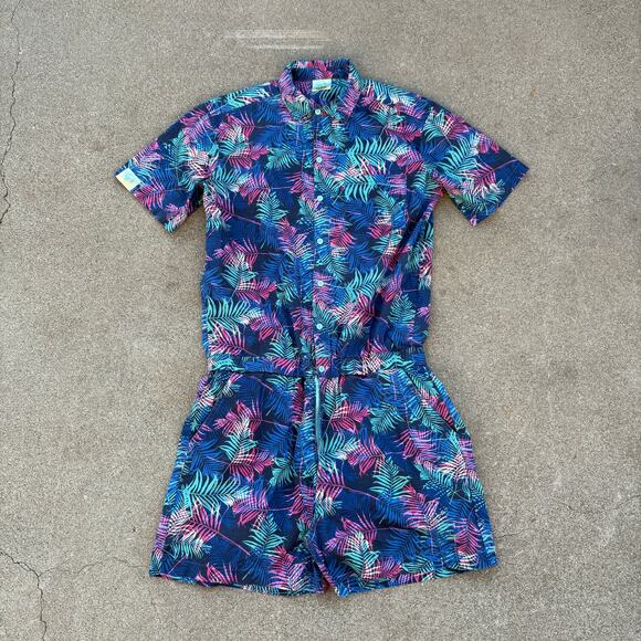 Zesties Other - Zesties Romper Mens L Tropical Leaf Print Short Sleeve Blue Pink Green Summer